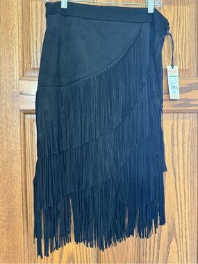 Idyllwind Black Layered Fringe Midi Wrap Skirt